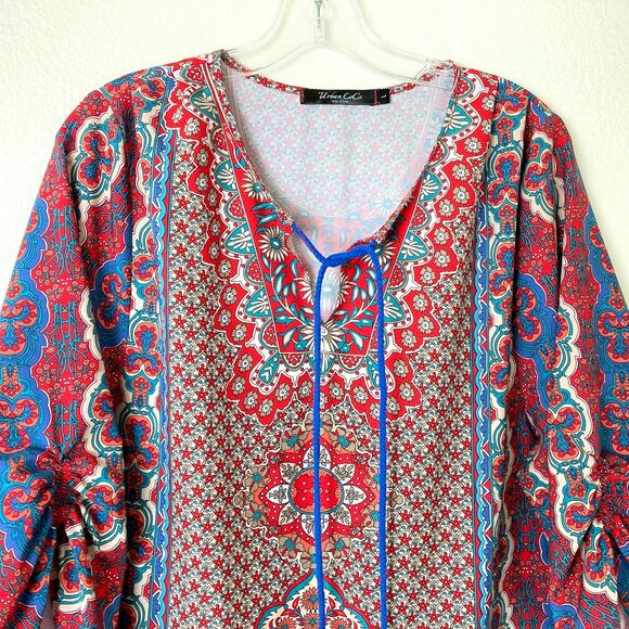 Urban Coco Colorful Bohemian Tunic Dress Size L Red Blue Tassels Ruched Sleeves - Picture 2 of 8